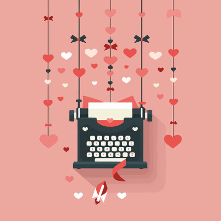 Retro typewriter with hearts. Vector illustration in flat style.のイラスト素材
