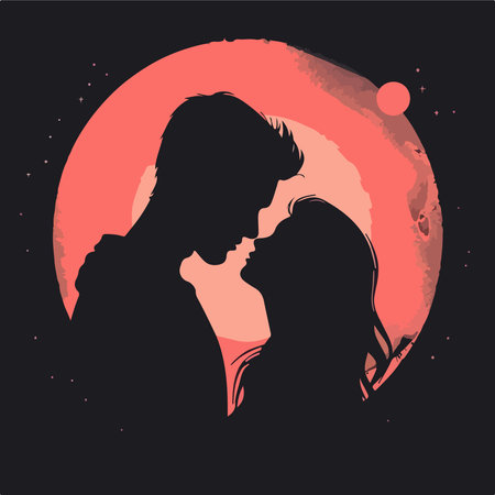 Silhouette of a loving couple on a background of the moon.