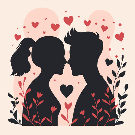 Vector illustration of a couple in love on a pink background with hearts.