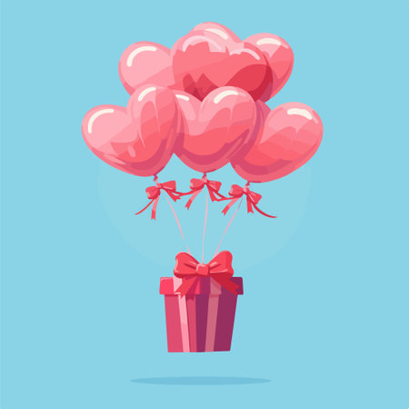 Gift box with pink heart shaped balloons. Vector illustration in cartoon style.のイラスト素材