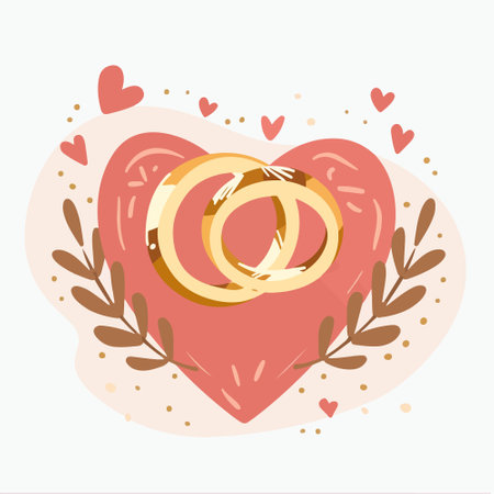 Wedding rings on the background of a heart. Vector illustrationのイラスト素材