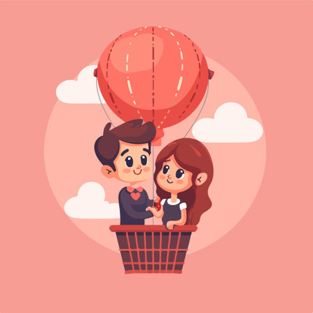 Cute couple in hot air balloons. Vector illustration in cartoon styleのイラスト素材