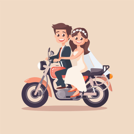 Wedding couple riding a motorbike. Vector illustration in cartoon styleのイラスト素材