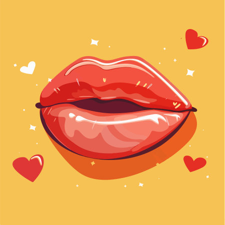Lips with red lipstick and hearts on yellow background. Vector illustrationのイラスト素材