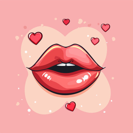 Lips with red hearts. Vector illustration in cartoon style on pink background.のイラスト素材
