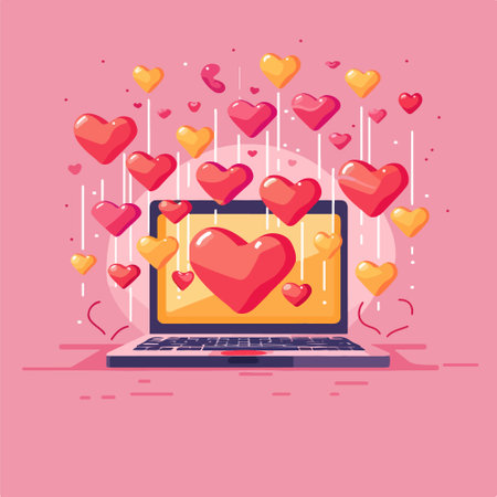 Laptop computer with red hearts on pink background. Vector illustration.のイラスト素材
