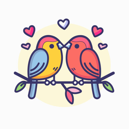 Cute couple of birds sitting on a branch with hearts. Vector illustration.のイラスト素材