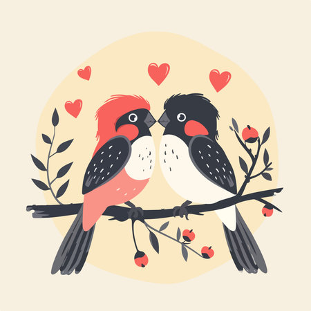 Vector illustration of two cute bullfinches sitting on a branch with red hearts.のイラスト素材