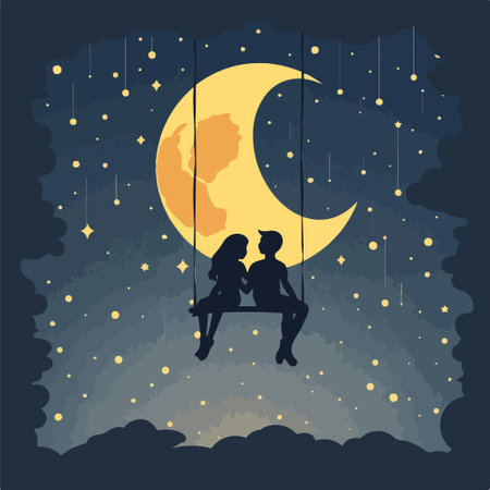 couple on a swing at night in the moonlight vector illustrationのイラスト素材