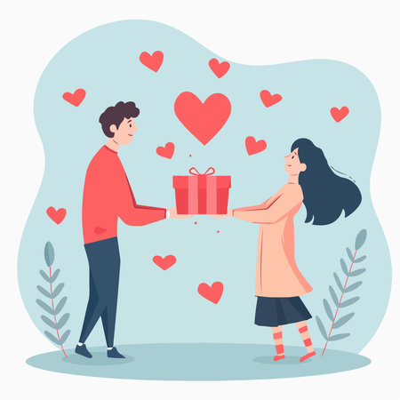Valentine's day greeting card. Man gives a gift to a woman. Vector illustrationのイラスト素材