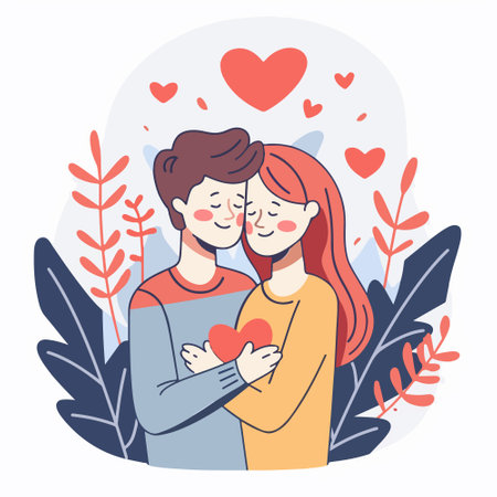 Couple in love with red hearts in their hands. Vector illustration.のイラスト素材