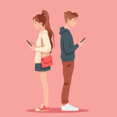 Vector illustration of a young couple using smartphones. Flat design style.のイラスト素材