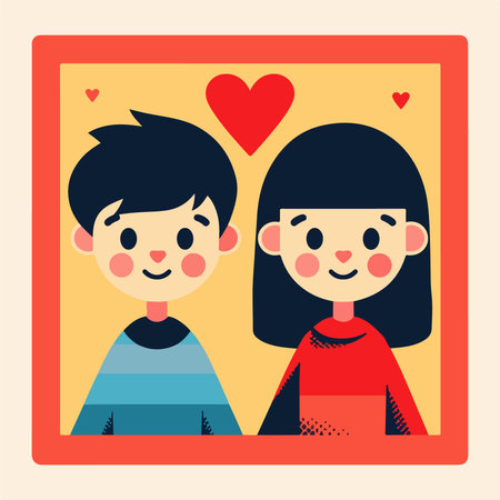 Vector illustration of a couple in love on a photo frame with hearts