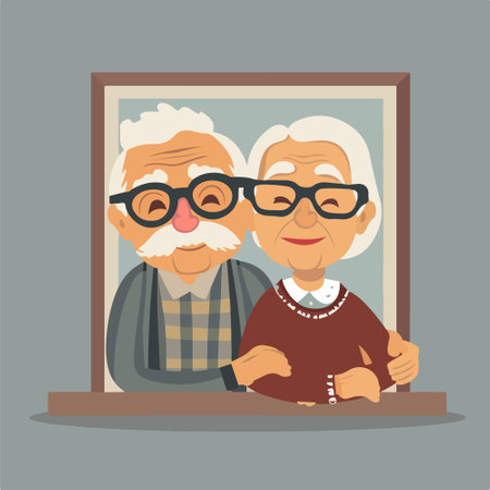 Elderly couple in front of the window. Vector illustration.のイラスト素材