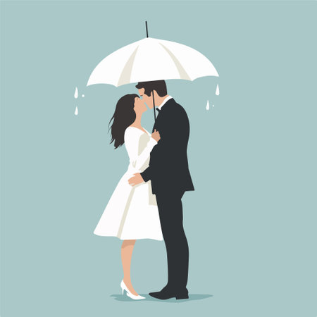 Wedding couple standing under umbrella. Vector illustration in flat styleのイラスト素材