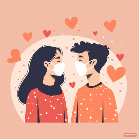 Couple in love wearing medical masks. Coronavirus concept. Vector illustration.のイラスト素材