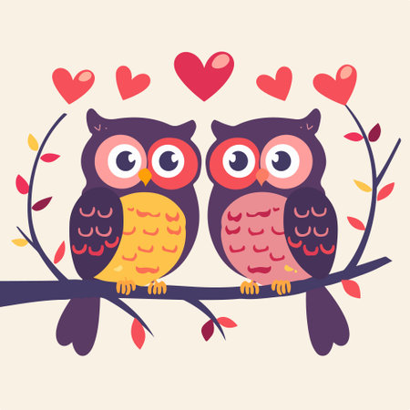 Two cute owls on a branch with hearts. Vector illustration.のイラスト素材