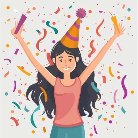 Happy young woman celebrating her birthday with confetti. Vector illustration.のイラスト素材