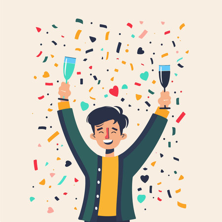 Happy man with glasses of champagne and confetti. Vector illustration.のイラスト素材