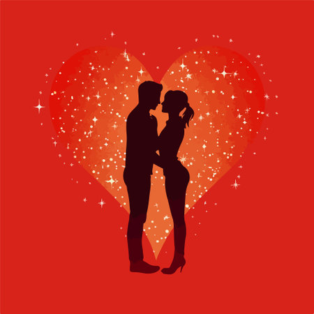 silhouette of a loving couple on a red background with a heartのイラスト素材