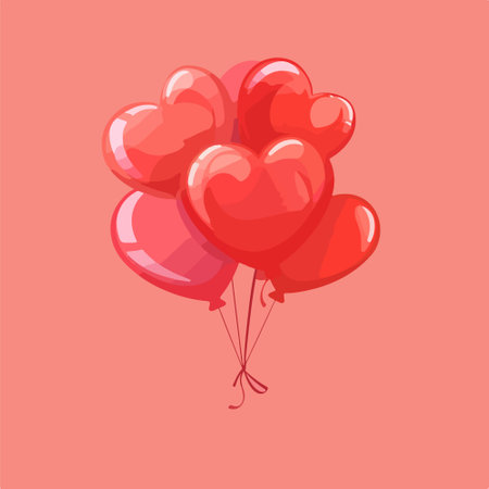 Vector illustration of red heart-shaped balloons on a pink background.のイラスト素材