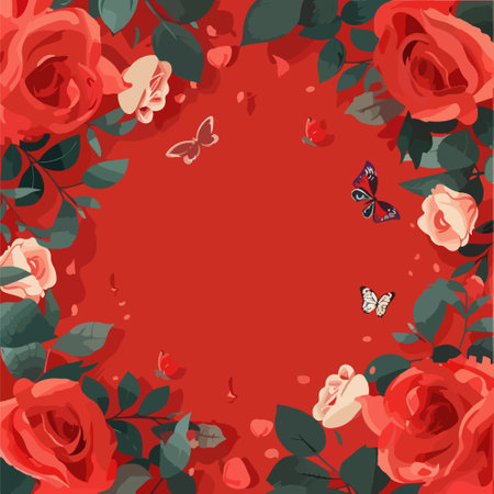 Beautiful red roses and butterflies on a red background. Vector illustrationのイラスト素材