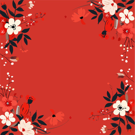 Floral frame with birds and flowers on red background. Vector illustration.のイラスト素材