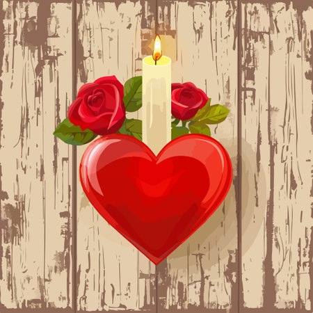 Valentine's day greeting card with burning candle and red roses on wooden backgroundのイラスト素材