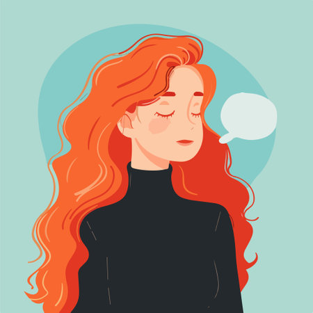 Vector illustration of a young woman with red hair and speech bubble.のイラスト素材