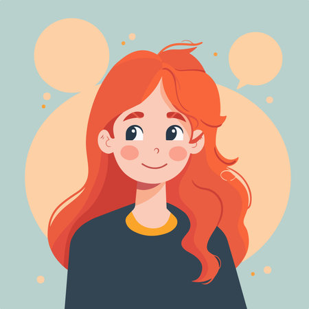 Cute girl with long red hair. Vector illustration in cartoon style.