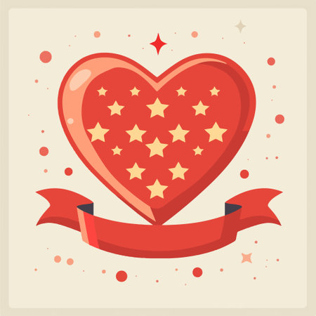Red heart with stars and ribbon. Vector illustration in flat style.のイラスト素材