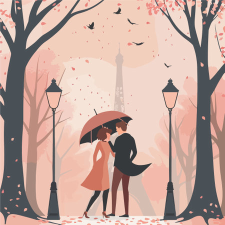 Couple in love under umbrella in the park. Vector illustration.のイラスト素材