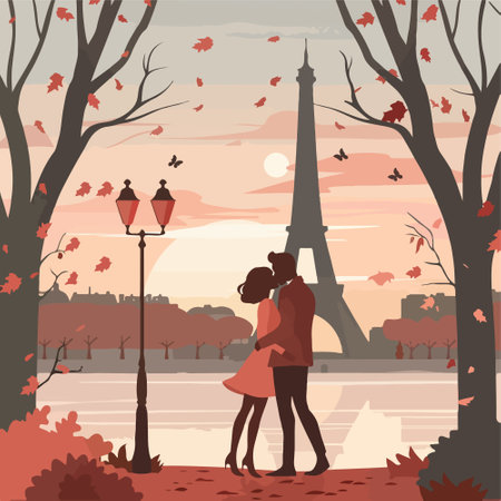 Romantic couple in Paris, France. Vector illustration in flat styleのイラスト素材