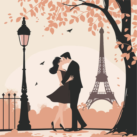 Romantic couple kissing in Paris, France. Vector illustration in flat styleのイラスト素材