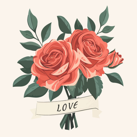 Bouquet of red roses with leaves. Vector illustration in vintage style.のイラスト素材
