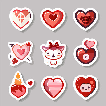 Valentines day stickers set with hearts and animals. Vector illustrationのイラスト素材