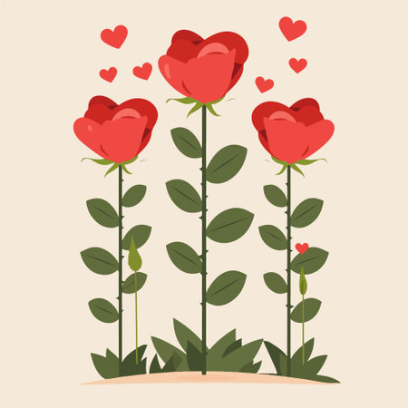 Red roses with hearts on a beige background. Vector illustration.のイラスト素材