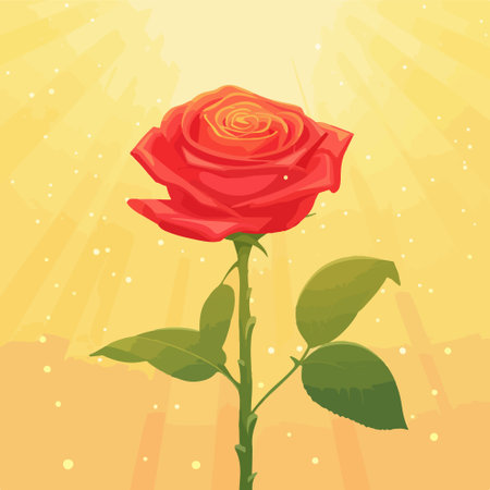 Vector illustration of a red rose on a yellow background with rays.のイラスト素材