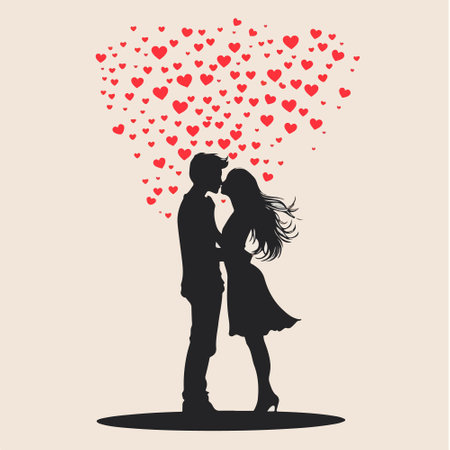 Silhouette of a couple in love with hearts. Vector illustrationのイラスト素材