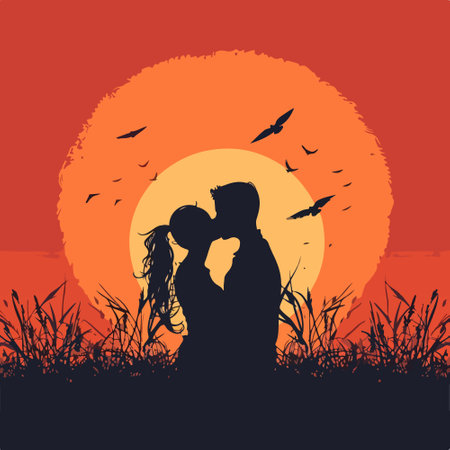 Silhouette of a loving couple at sunset. Vector illustration.のイラスト素材