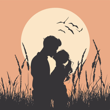 Silhouette of a loving couple on a background of the setting sun.のイラスト素材
