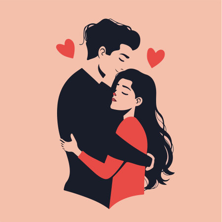 Vector illustration of a loving couple in love. A man hugs a woman from behind.のイラスト素材