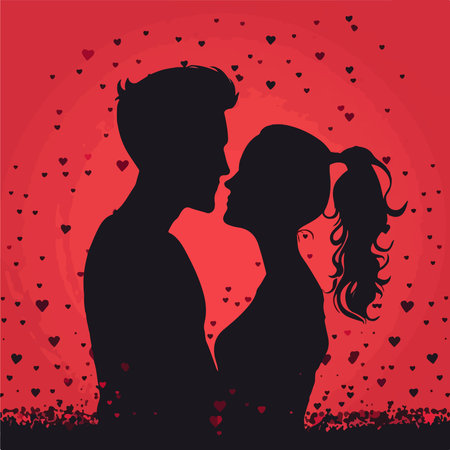 silhouette of a couple in love on a red background with heartsのイラスト素材