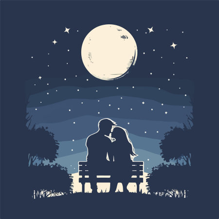 Wedding Couple on a bench at night. Vector illustrationのイラスト素材