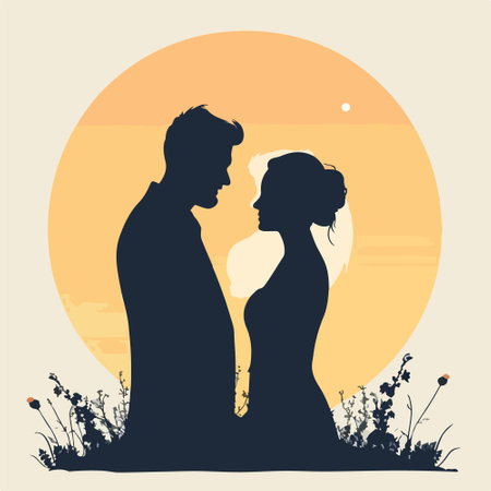 Silhouette of a loving couple at sunset. Vector illustration.のイラスト素材