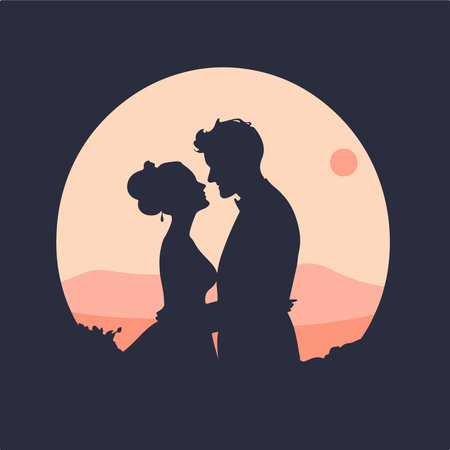 Silhouette of the bride and groom at sunset. Vector illustration.のイラスト素材