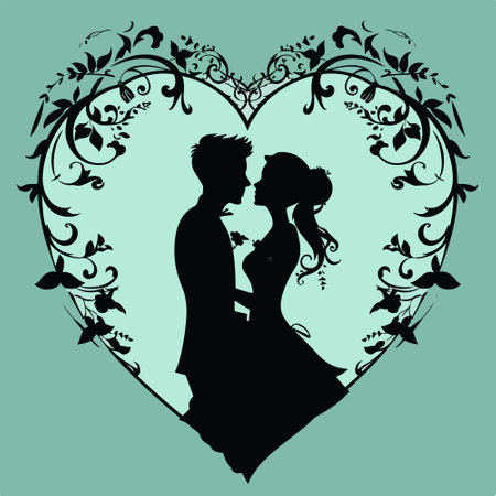 Silhouette of the bride and groom in the shape of a heartのイラスト素材