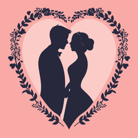Silhouette of a bride and groom in a heart-shaped frameのイラスト素材