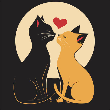 Vector illustration of a couple of cats in love on a dark backgroundのイラスト素材