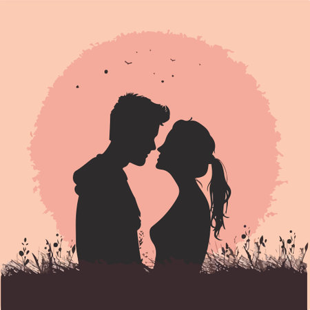 Silhouette of a pregnant couple on a sunset background. Vector illustrationのイラスト素材
